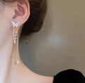 S925 Elegant Butterfly with Pearl Tassels Drop Earrings – Delicate, Feminine & Stylish Fashion Jewelry for Women & Girls golden(pair)