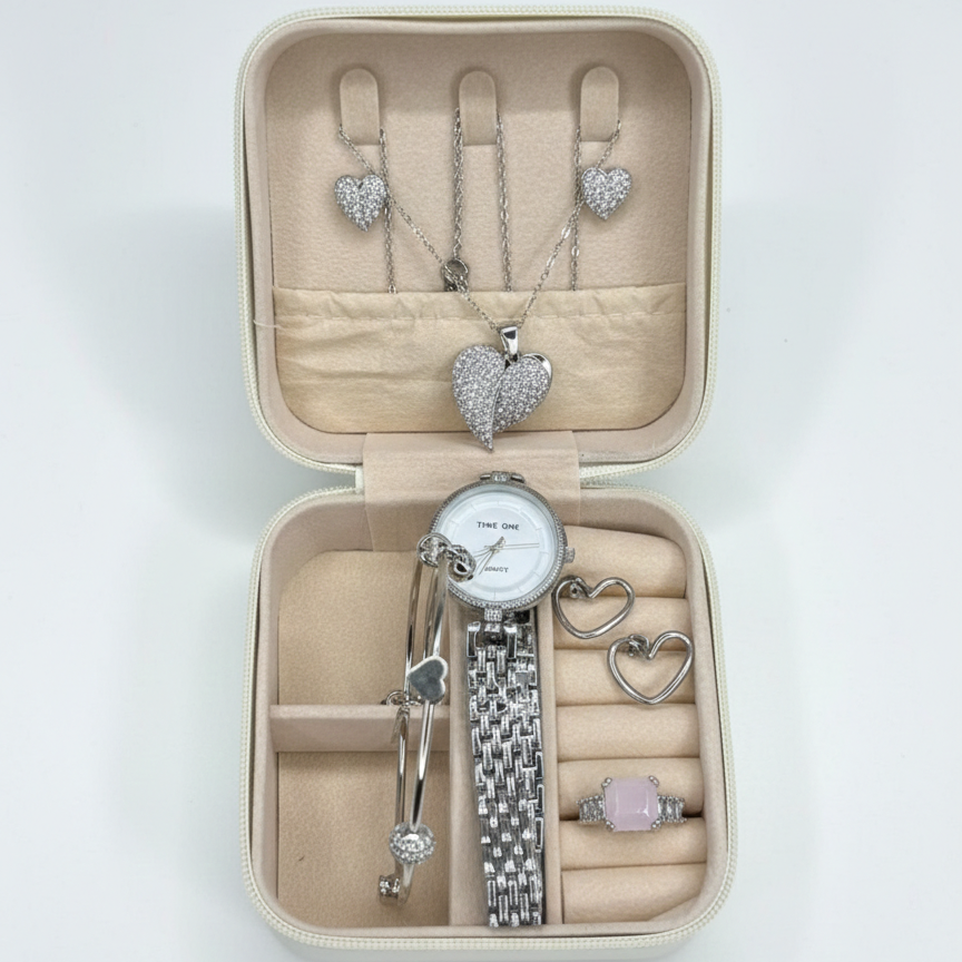 Elegant Heart & Stone 5-Piece Women’s Jewelry Gift Set ~ Imported