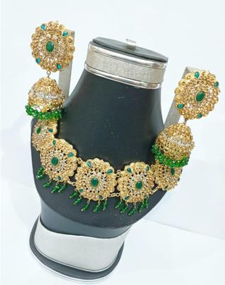 Zircon Stone Bridal Choker & Earrings Set Gold Green