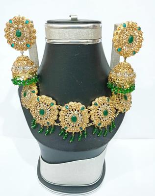 Zircon Stone Bridal Choker & Earrings Set Gold Green