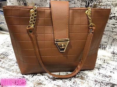 Mustard PU Leather Shoulder Bag with Gold Chain Strap