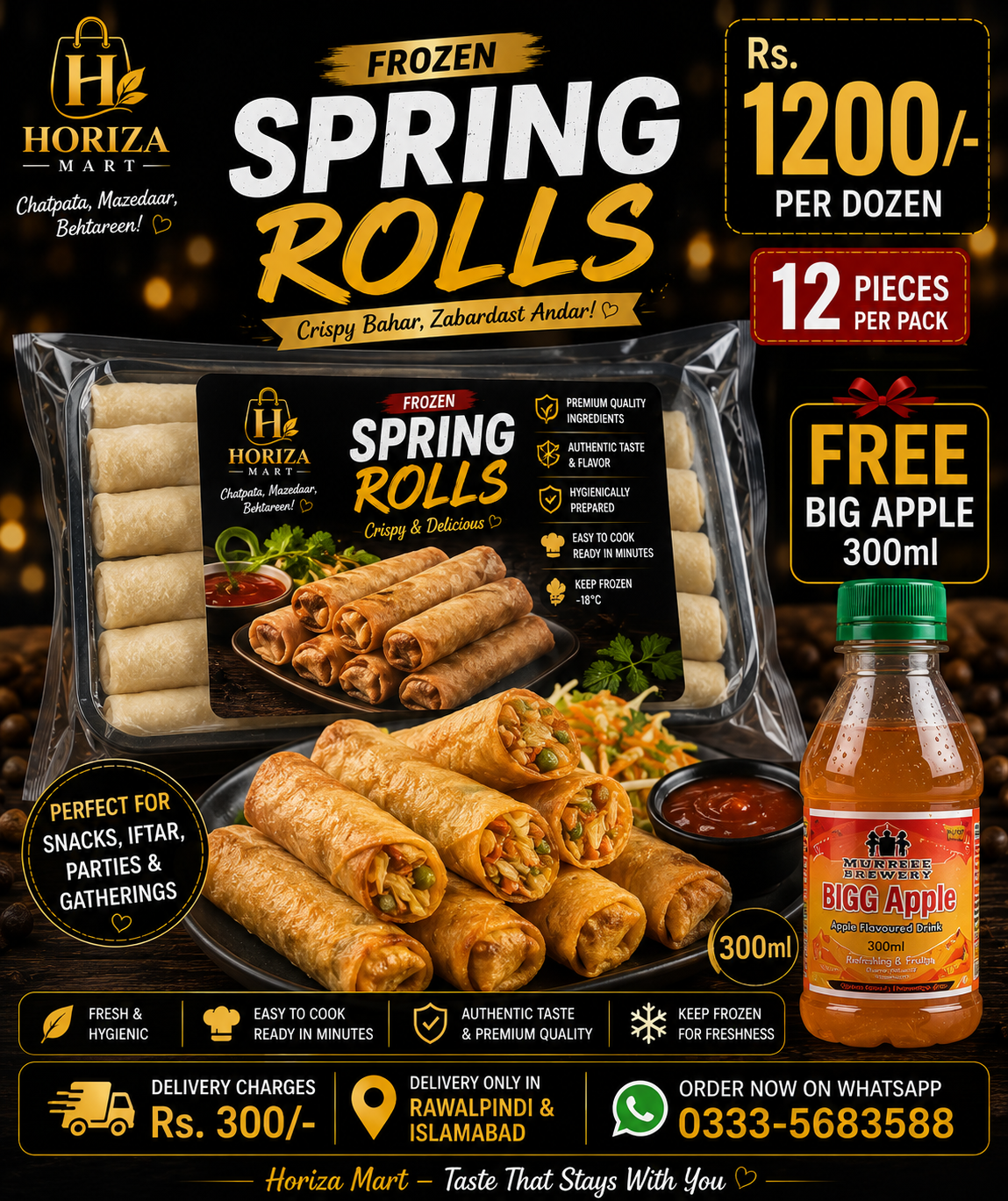 spring roll,, 1200 per dozen with free big apple 300 ml
