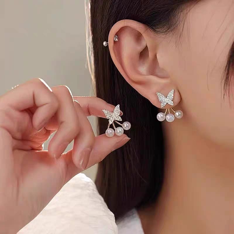 Butterfly Pearl Korean Earrings For Girls - golden Rs 261