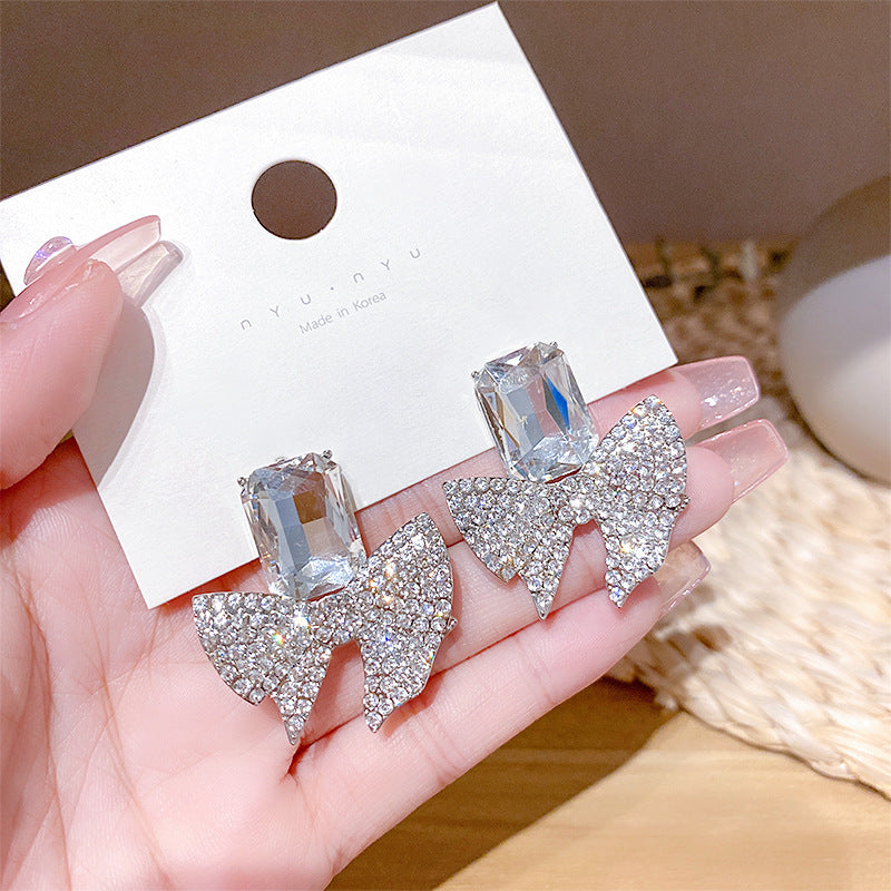 ZJE-165 Sparkling Bow Shape Zircon Korean Earrings- Golden
