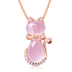 Rose Gold Cat Pendant Necklace for Women Pink Crystal Hibiscus