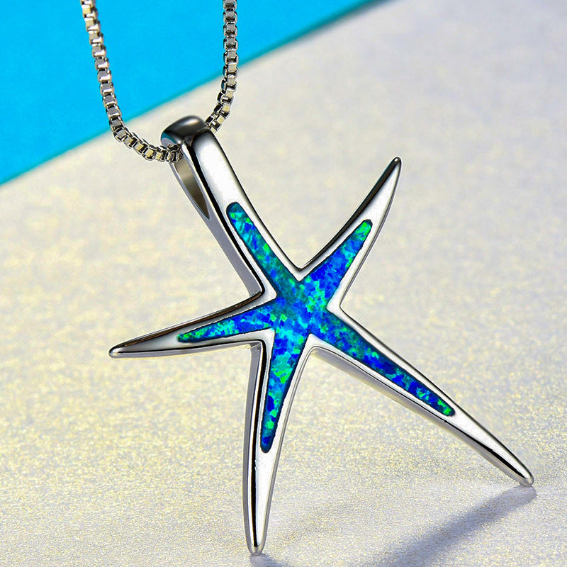 Blue Starfish Opal Pendant Necklace for Women