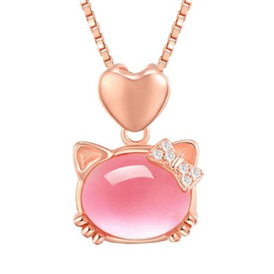 Rose Gold Cat Pendant Necklace for Women Pink Crystal Hibiscus