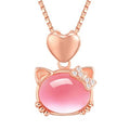 Rose Gold Cat Pendant Necklace for Women Pink Crystal Hibiscus