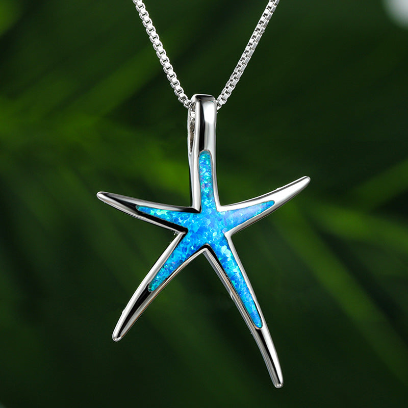 Blue Starfish Opal Pendant Necklace for Women