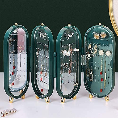 Jewellery Box Organiser with Mirror - Foldable Exquisite Dustproof Jewelry Storage Case Multi-Function Screen Shaped Metal Display Jewelry Stand for Earring - Necklace & Bracelet (Random Color)